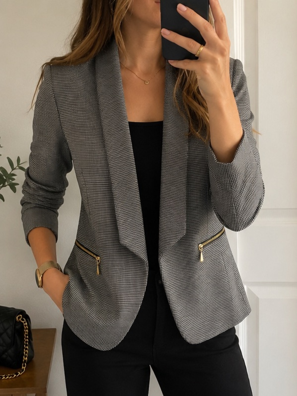 Mary Crafts Open Front Structured Houndstooth Blazer – Size 10 – Gold Zipper